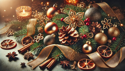 Christmas themed display with a mix of luxurious and elegant colors, candles, ribbons, pine cones, tree branches, flowers, glittery ornaments and stars