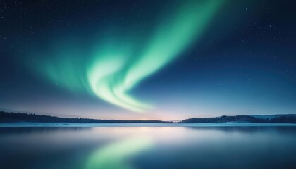 Stunning northern lights reflecting over calm waters at night, creating a serene and magical atmosphere.