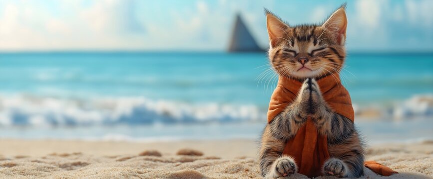 Tabby cat meditating on beach in orange robe. Pet relaxation and humorous feline zen concepts