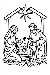 Religious coloring page depicting the holy family with baby jesus christ in the manger © Running opossum