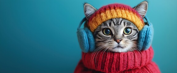 Tabby cat wearing colorful knit hat and headphones on teal background. Pet winter fashion and music lifestyle concepts
