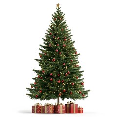 Tall Christmas Tree with Ornaments and Wrapped Gifts Underneath on White Background