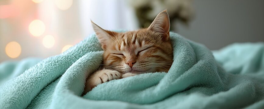 Ginger tabby cat sleeping in cozy mint blanket. Pet comfort and relaxation concepts