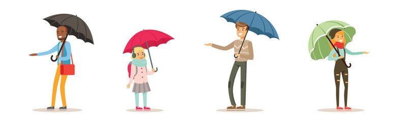 People Character with Umbrella Walk in Rainy Day Vector Set