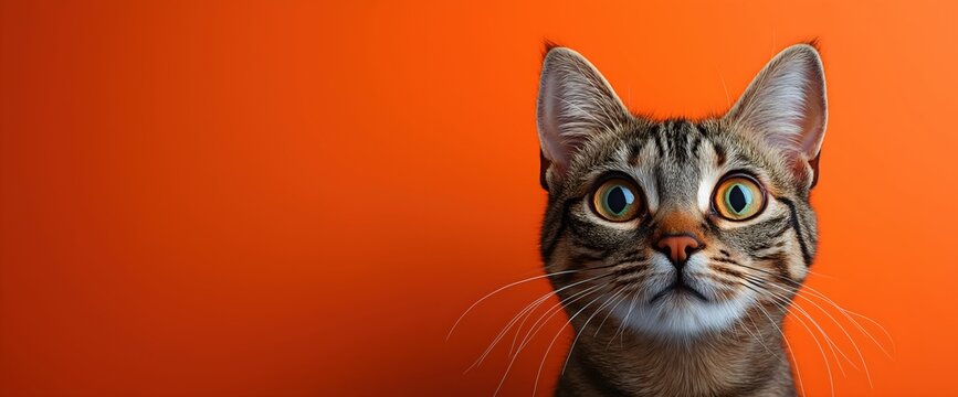 Tabby cat with wide eyes on orange background. Feline alertness and pet portrait concepts