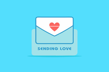 Sending Love text with envelope and heart illustration on blue background. Flat design for greeting or love message