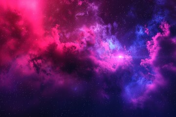 Naklejka premium Cosmic Cloudscape Vivid Purple and Pink Nebula with Glowing Center, Starscape Background.
