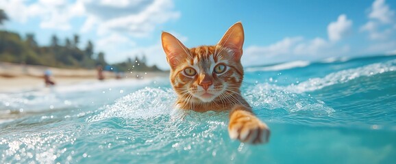 Adventurous ginger cat swimming in tropical ocean waves. Unusual pet activities and summer vacation concepts