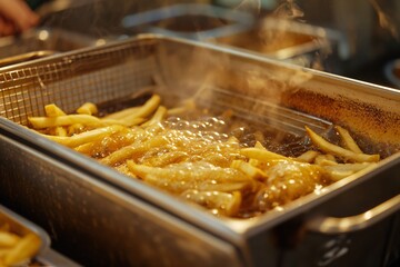 French fries frying in a deep fryer with boiling oil, creating a delicious and crispy treat