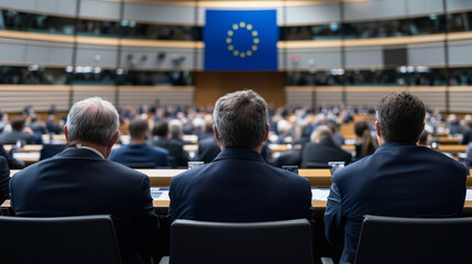 Fototapeta premium A powerful back view of politicians listening intently during a session, with the EU flag prominently featured, highlighting the importance of dialogue in EU decision-making.