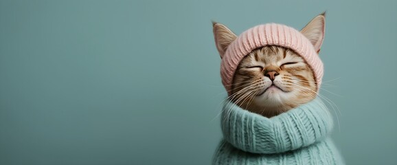 Cozy tabby cat wearing pink beanie and mint sweater on teal background. Winter pet fashion and comfort concepts