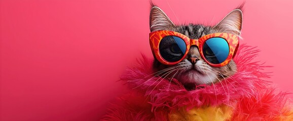 Cool cat wearing colorful sunglasses and feather boa on pink background. Pet fashion and party lifestyle concepts. Place for text