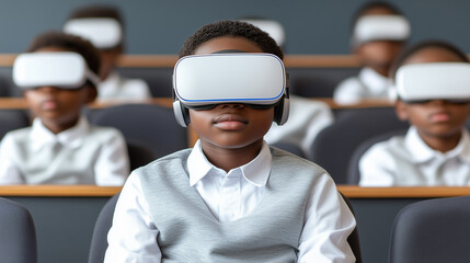 School student using VR headset with AI in classroom