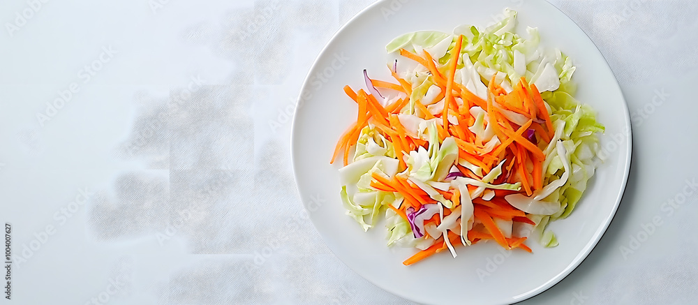 Poster top view of freshly sliced cabbage and carrot on a white plate isolated on a white background with r