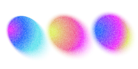 Set color yellow pink blue circles with gradient noise gradation. Abstract colorful watercolor blur mesh shape on white background. Gradient aura, grain neon blob with noise effect vector eps10.