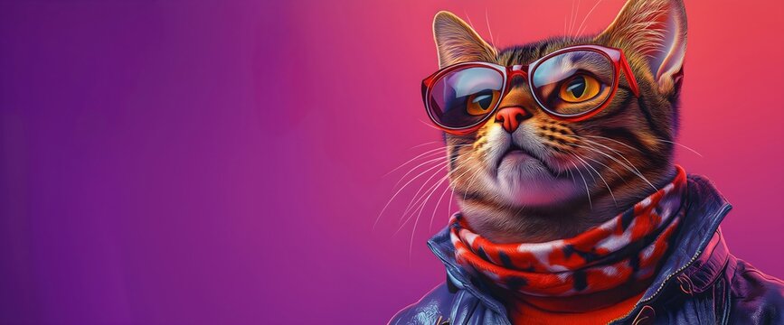 Cool tabby cat wearing red glasses and scarf on gradient background. Pet fashion and social media content creation. Banner with copy space