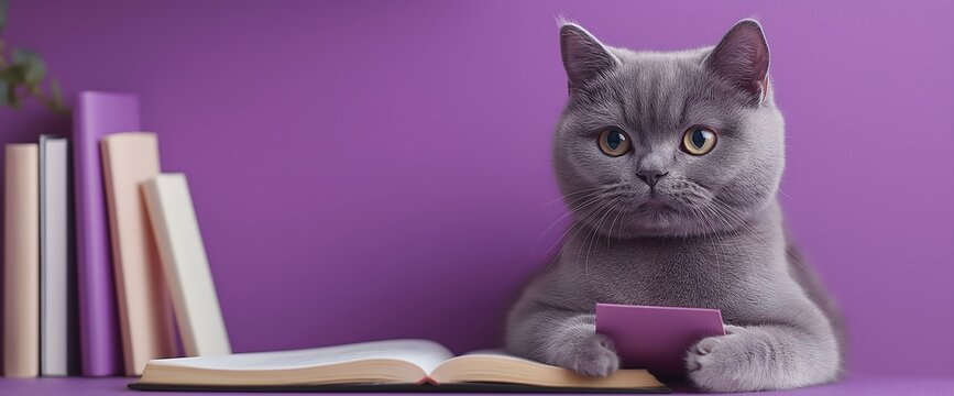 Serious british shorthair cat with open book on purple background. Educational concepts and feline intelligence studies