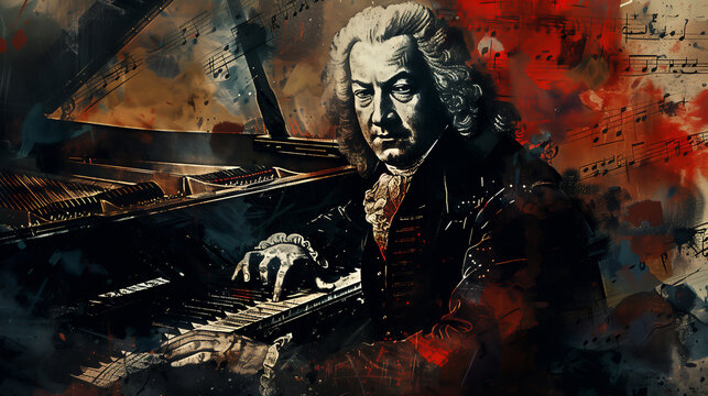 Watercolour painting of a Georgian 18th century classical pianist composing an orchestral music composition for an orchestra while playing a grand piano, period costume stock illustration image