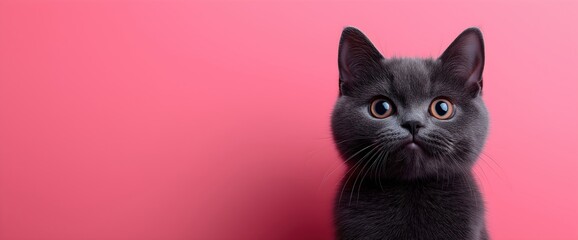 Obraz premium Black cat with striking amber eyes against pink backdrop. Mysterious pet portraits and feline grace concepts
