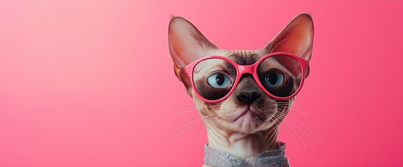 Fototapeta premium Stylish Sphynx cat wearing pink heart-shaped sunglasses and glittery collar against rosy backdrop. Quirky pet fashion concepts. Banner with copy space