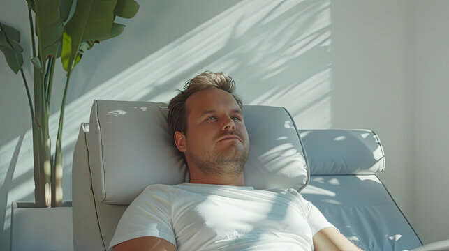Angel investor with halo evaluating startup pitch, serene smile in soft morning light, entrepreneurial success concept