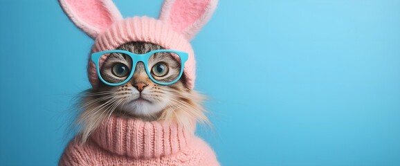 Adorable tabby cat wearing pink bunny ears and blue glasses against turquoise background for playful Easter pet concepts. Place for text