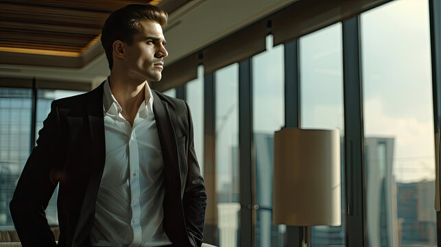 Angel investor with halo evaluating startup pitch, serene smile in soft morning light, entrepreneurial success concept