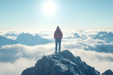 Obraz premium Solitary Hiker on Mountain Peak Gazing at Horizon