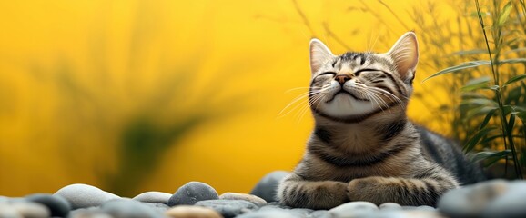 Contented tabby cat relaxing on smooth pebbles with yellow flowers. Zen pet lifestyle and feline wellness concepts. Place for text