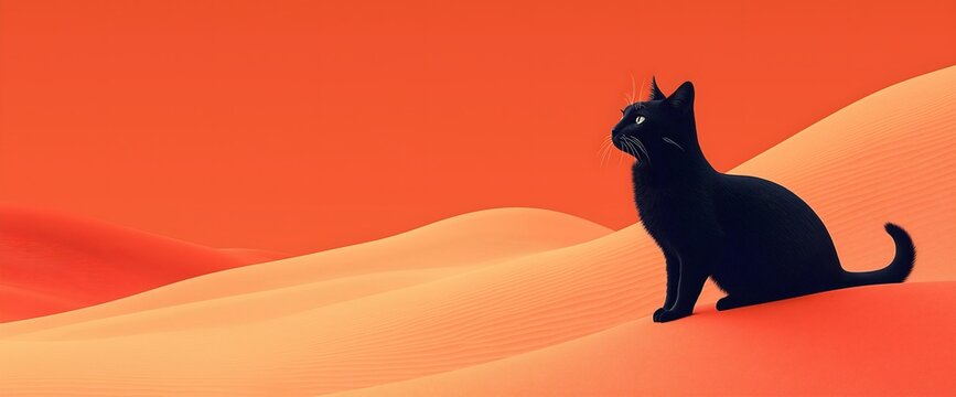 Silhouette of elegant black cat against vibrant orange desert landscape