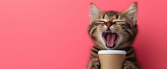 Energetic tabby kitten yawning with coffee cup against coral background. Morning pet lifestyle and caffeine humor concepts. Place for text