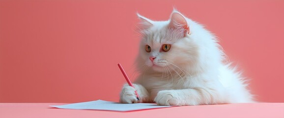 White Persian cat writing with pen on paper against coral background. Intelligent pet and animal education concepts. Banner with copy space