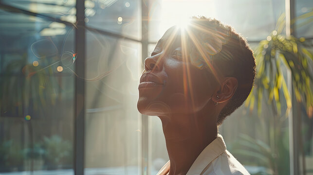 Angel investor with halo evaluating startup pitch, serene smile in soft morning light, entrepreneurial success concept