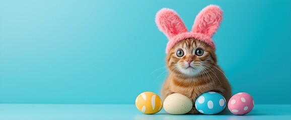 Adorable ginger kitten wearing pink bunny ears with colorful Easter eggs on turquoise background. Banner with copy space