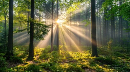Sunlight shining through trees in a tranquil forest scene.