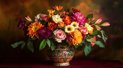 Obraz premium A beautiful arrangement of seasonal flowers in a traditional Indian vase