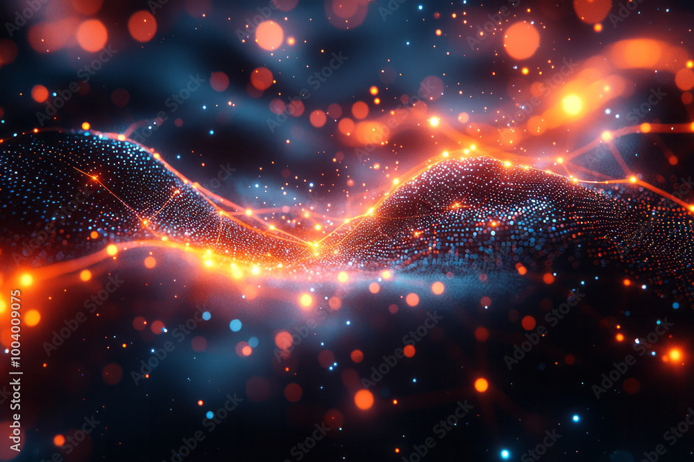 Poster a complex visualization of interconnected glowing nodes in a dark background,