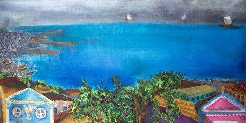 Obraz premium Panorama cloudy sky seascape quiet before storm. Fine art illustration coastal town. White sails on skyline. Aqua, turquoise blue shades water surface oil on canvas texture original painting.