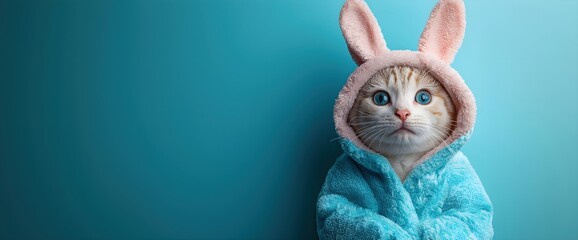 Cat in bunny-eared hoodie against turquoise background. Pet clothing advertisements or social media content creation. Banner with copy space