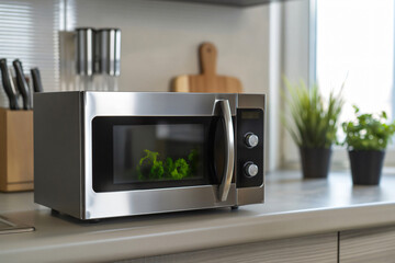 Fototapeta premium Modern microwave oven with stainless steel exterior standing on countertop in a stylish kitchen
