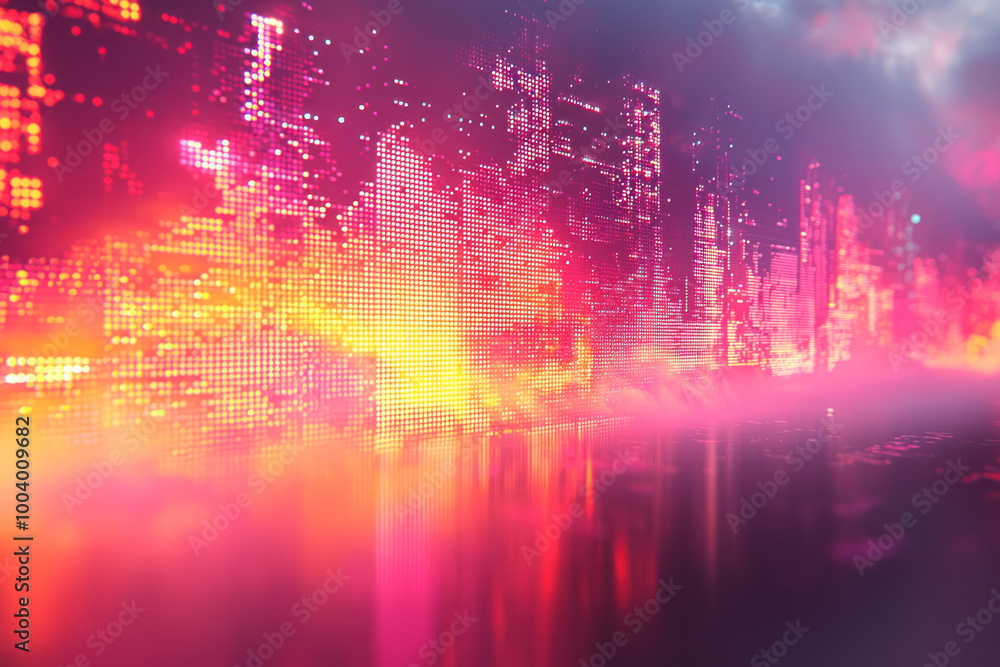 Poster an abstract computer screen with lines of colorful code glowing on a pastel canvas,