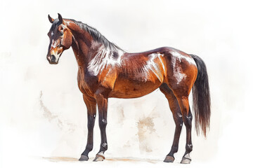 Obraz premium Brown horse standing still on a white background, a beautiful animal captured in a realistic watercolor painting