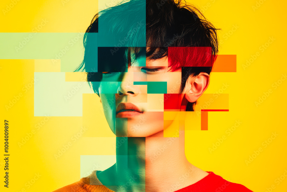 Poster vibrant portrait with overlapping geometric shapes, blending colors in a modern and abstract artisti