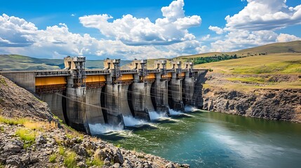 Concrete Dam on a River Under a Blue Sky