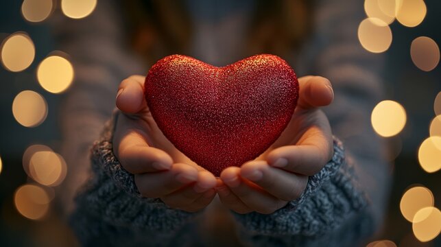 Individual holding a red heart, forming a love symbol with a warm bokeh background.