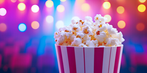 Popcorn Bucket Against Colorful Bokeh Background