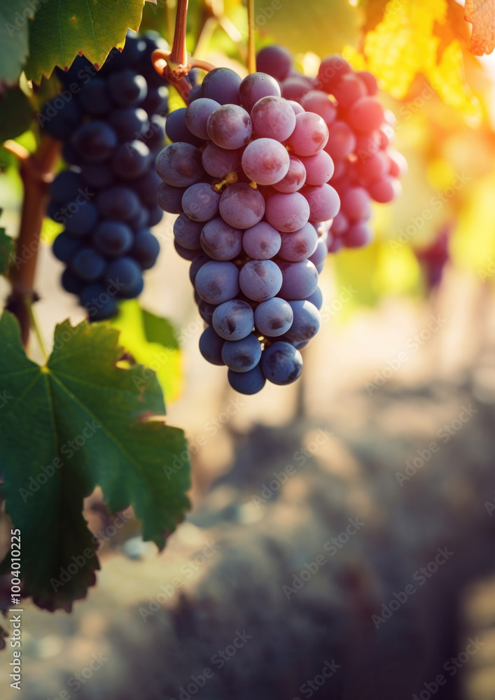 Wall mural close up photo of grapes in a vineyard.