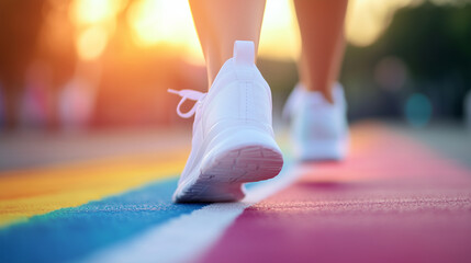 Naklejka premium A close-up of the womanâs running shoes on the starting line, her white shirt contrasting beautifully with the vibrant colors of the event, symbolizing readiness.