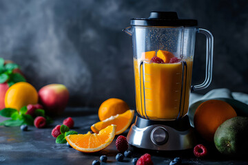 Powerful blender is blending a vibrant smoothie with fresh fruits, creating a healthy and delicious drink