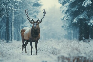 Majestic Stag in Winter Landscape